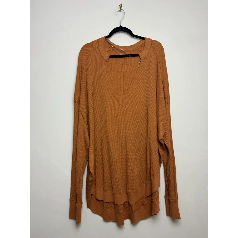 We The Free Owen Thermal Top Size XL Brown Long Sleeve Cotton V Neck - Picture 2 of 5